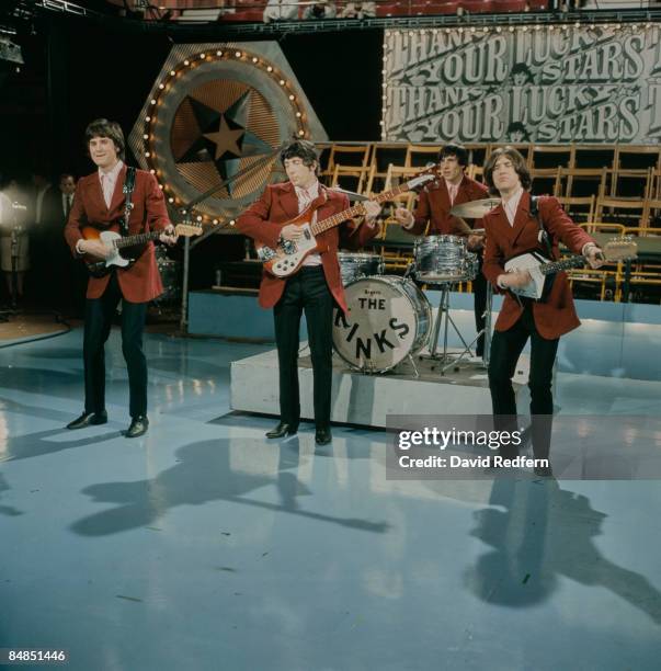 English rock group The Kinks, from left, Ray Davies, Pete Quaife, Mick Avory and Dave Davies perform on the pop music television show Thank Your...