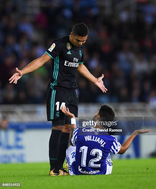 Carlos Enrique Casimiro of Real Madrid CF argues with William Jose of Real Sociedad de Futbol during the La Liga match between Real Sociedad and Real...