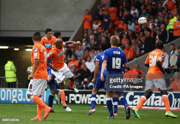 Blackpool's Craig Cathcart scores his sides fifth goal of the game during the npower Football League Championship match at Bloomfield Road, Blackpool.