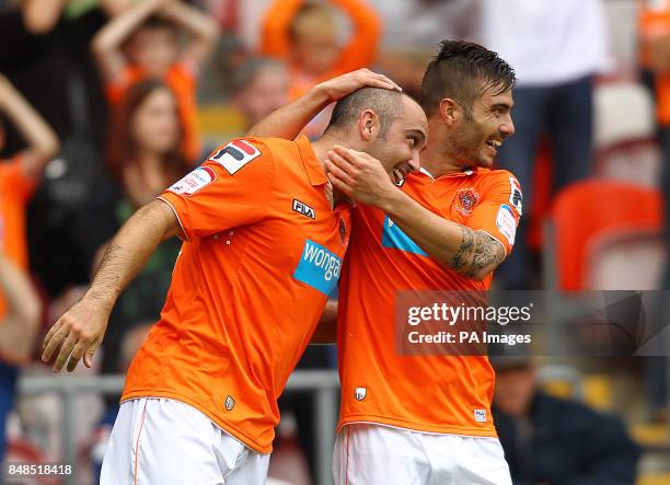 Blackpool's Gary Taylor-Fletcher celebrates his goal against Ipswich Town with team mate Tiago Gomes during the npower Football League Championship...