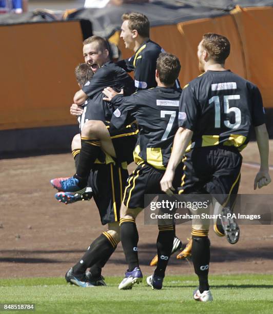 Berwick Rangers' Fraser McLaren celebrates scoring their first goal against Rangersduring the Scottish Division 3 match at Shielfield Park,...