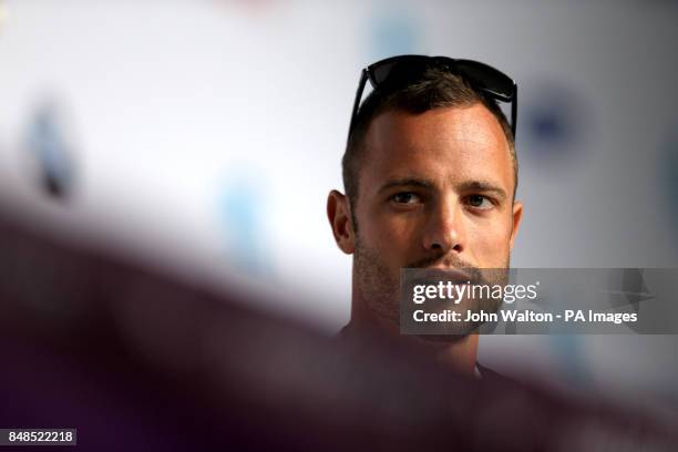 South Africa's Oscar Pistorius during a press conference at the Main press Centre, Olympic Park, London. PRESS ASSOCIATION Photo. Picture date:...