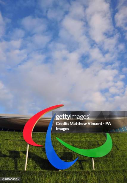 General view of the Paralympic Agitos at the Aquatics Centre in the Olympic Park, London.