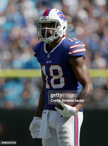 Andre Holmes of the Buffalo Bills reacts against the Carolina Panthers during their game at Bank of America Stadium on September 17, 2017 in...