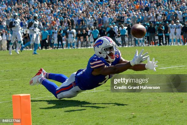 Zay Jones of the Buffalo Bills can't make the diving catch on fourth down in the final seconds of a loss to the Carolina Panthers during their game...