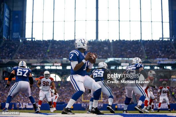 Jacoby Brissett of the Indianapolis Colts looks to pass against the Arizona Cardinals during the first half at Lucas Oil Stadium on September 17,...