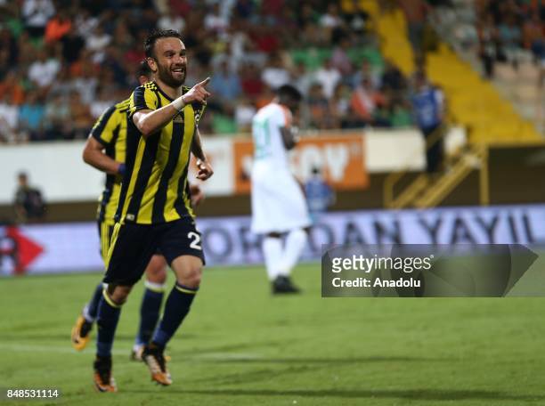 Mathieu Valbuena of Fenerbahce celebrates after scoring a goal during 5th week of the Turkish Super Lig match between Aytemiz Alanyaspor and...