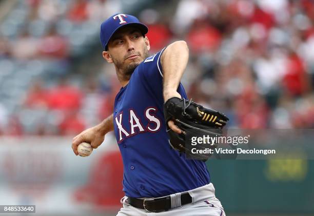 Pitcher Miguel Gonzalez of the Texas Rangers pitches in the second inning during the MLB game against the Los Angeles Angels of Anaheim at Angel...