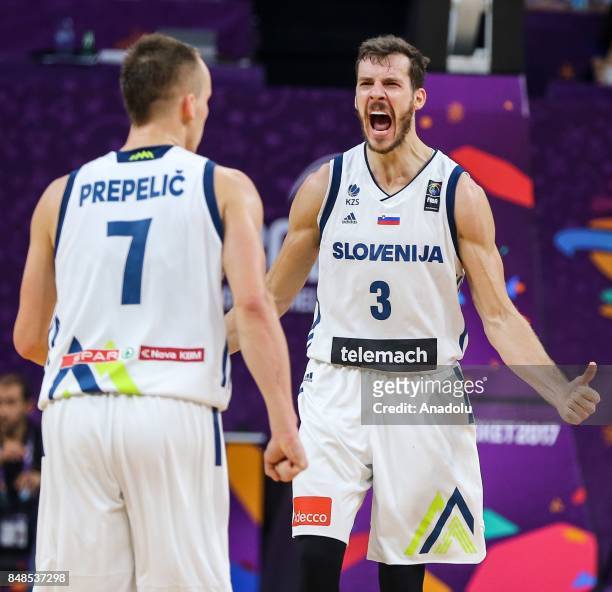 Goran Dragic of Slovenia celebrates a score during the FIBA Eurobasket 2017 final basketball match between Slovenia and Serbia at the Sinan Erdem...