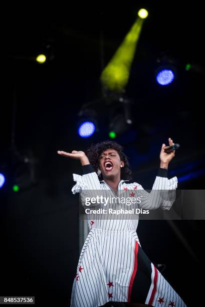 Brazilian singers Liniker performs at day 3 of Rock in Rio on September 17, 2017 in Rio de Janeiro, Brazil.