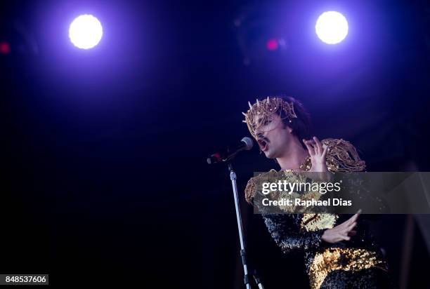 Brazilian singer Johnny Hooker performs at day 3 of Rock in Rio on September 17, 2017 in Rio de Janeiro, Brazil.