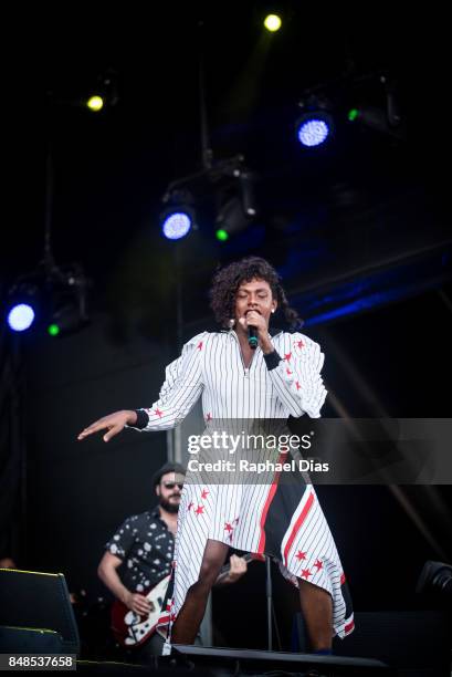 Brazilian singers Liniker performs at day 3 of Rock in Rio on September 17, 2017 in Rio de Janeiro, Brazil.