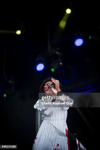 Brazilian singers Liniker performs at day 3 of Rock in Rio on September 17, 2017 in Rio de Janeiro, Brazil.