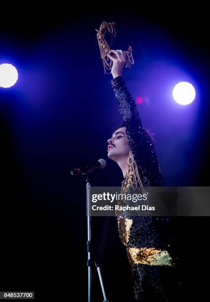 Brazilian singer Johnny Hooker performs at day 3 of Rock in Rio on September 17, 2017 in Rio de Janeiro, Brazil.