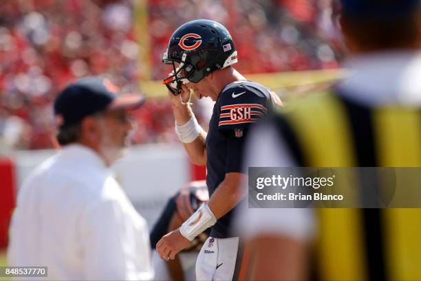 Quarterback Mike Glennon of the Chicago Bears makes his way to the sidelines during the fourth quarter of an NFL football game against the Tampa Bay...