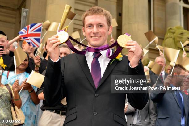 Jason Kenny at a reception in honour of his two Olympic gold medals, at Bolton Town Hall, Lancashire, where thousands of people gathered to welcome...
