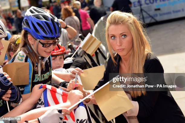 Laura Trott greets fans at a reception for Jason Kenny in honour of his two Olympic gold medals, at Bolton Town Hall, Lancashire, where thousands of...
