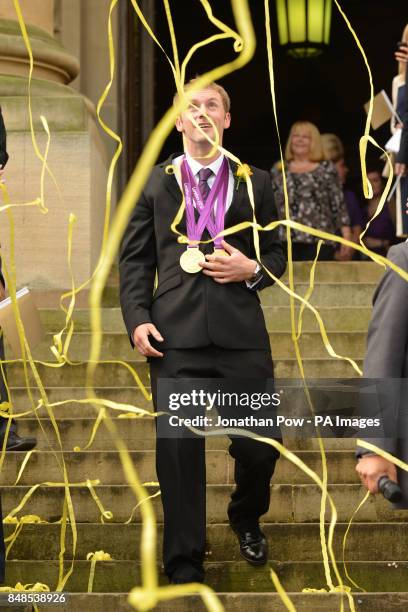 Jason Kenny at a reception in honour of his two Olympic gold medals, at Bolton Town Hall, Lancashire, where thousands of people gathered to welcome...