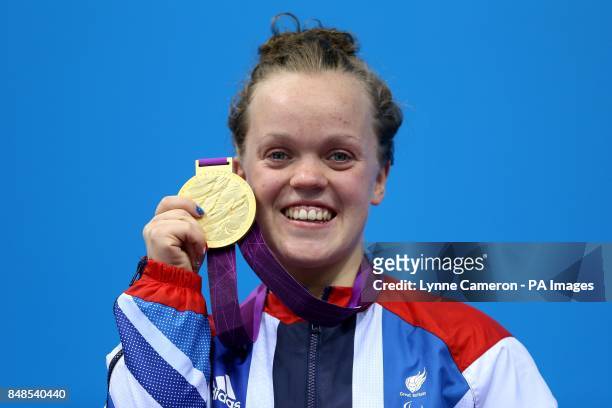 Great Britain's Eleanor Simmonds receives her Gold medal during the presentation ceremony for the Women's 400m Freestyle - S6 Final at the Aquatics...