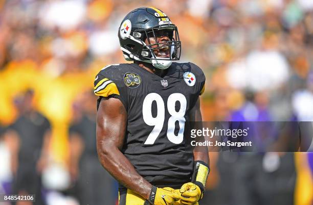Vince Williams of the Pittsburgh Steelers reacts after a defensive stop in the second half during the game against the Minnesota Vikings at Heinz...