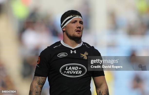 Guy Thompson of Wasps looks on during the Aviva Premiership match between Wasps and Harlequins at The Ricoh Arena on September 17, 2017 in Coventry,...