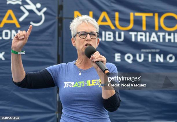 Actress Jamie Lee Curtis speaks onstage during the Nautica Malibu Triathlon at Zuma Beach on September 17, 2017 in Malibu, California.