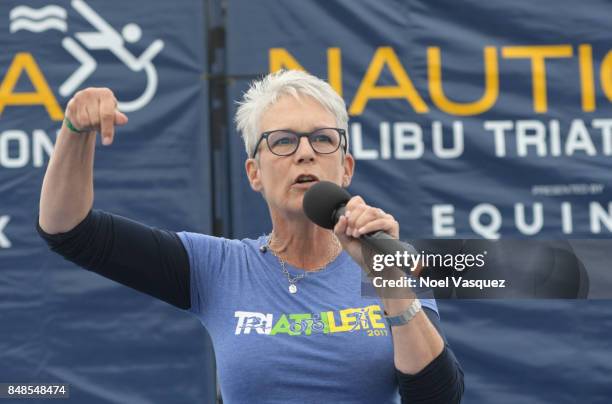 Actress Jamie Lee Curtis speaks onstage during the Nautica Malibu Triathlon at Zuma Beach on September 17, 2017 in Malibu, California.