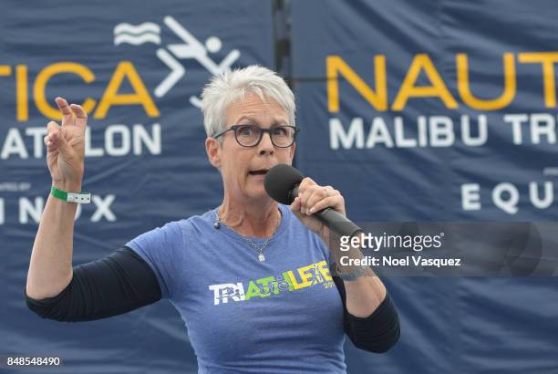 Actress Jamie Lee Curtis speaks onstage during the Nautica Malibu Triathlon at Zuma Beach on September 17, 2017 in Malibu, California.