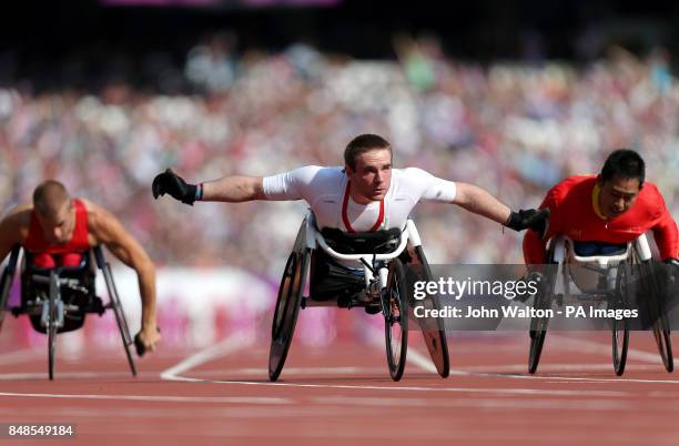 Great Britain's Mickey Bushell wins Heat 1 of the Men's 100m - T53 at the Olympic Stadium, London.