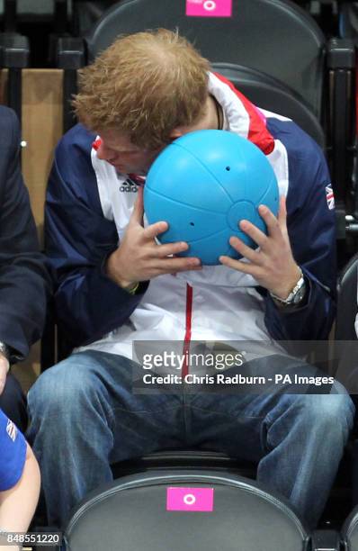 Prince Harry attends the Women's Goalball on day six of the London 2012 Paralympic Games at The Copper Box in the Olympic Park.