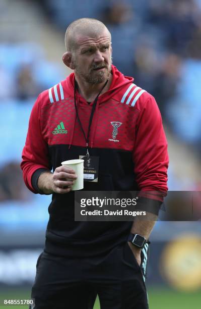 Graham Rowntree, the Harlequins forwards coach looks on during the Aviva Premiership match between Wasps and Harlequins at The Ricoh Arena on...