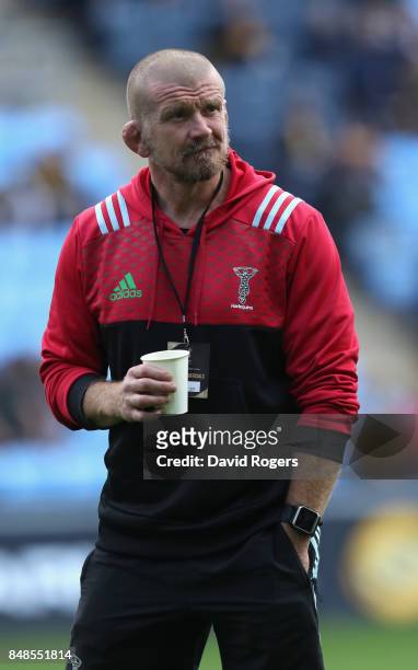 Graham Rowntree, the Harlequins forwards coach looks on during the Aviva Premiership match between Wasps and Harlequins at The Ricoh Arena on...