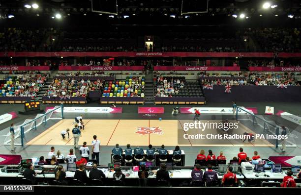 Great Britain take on Denmark in the Women's Goalball match on day six of the London 2012 Paralympic Games at The Copper Box on the Olympic Park.