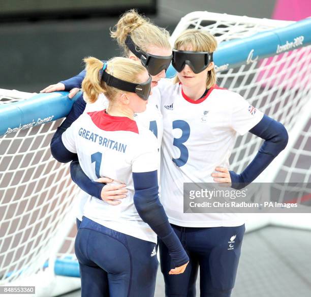 Great Britain's Anna Sharkey Georgina Bullen and Jessica Luke during the Womens Goalball match against Denmark on day six of the London 2012...