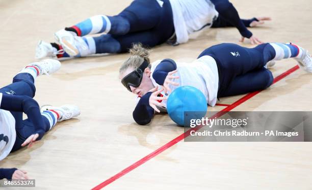 Great Britain's Georgina Bullen makes a save during the Womens Goalball match against Denmark on day six of the London 2012 Paralympic Games at The...