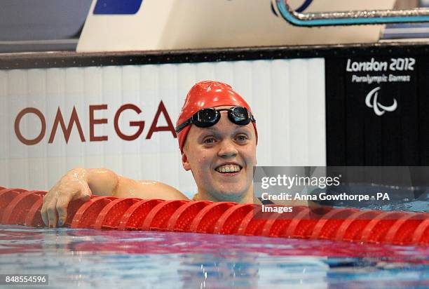 Great Britain's Eleanor Simmonds celebrates after winning the bronze medal in the Women's 50m Freestyle - S6 final at the Aquatics Centre in the...