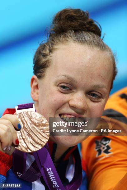 Great Britain's Eleanor Simmonds with her bronze medal from the Women's 50m Freestyle S6 at the Aquatics Centre, London.