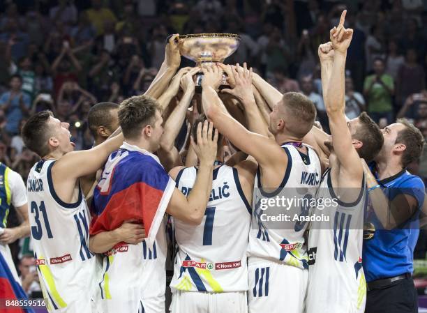 Players of Slovenia celebrate their victory during the cup ceremony after the FIBA Eurobasket 2017 final basketball match between Slovenia and Serbia...