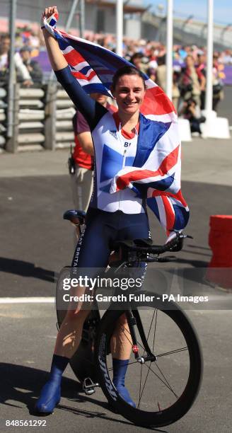 Great Britain's Sarah Storey celebrates after winning the Women's Individual C5 Time Trial at Brands Hatch, Kent.