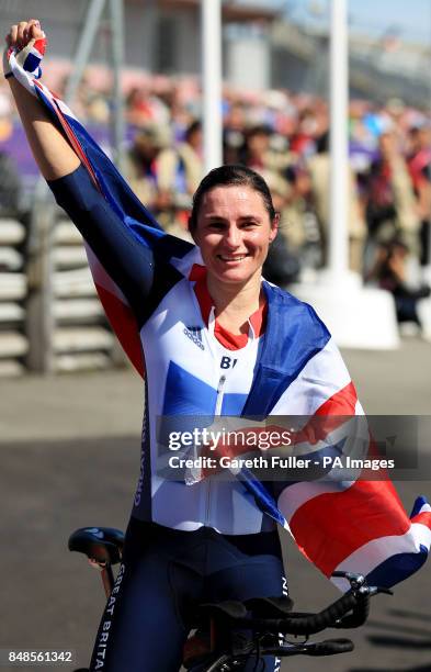 Great Britain's Sarah Storey celebrates after winning the Women's Individual C5 Time Trial at Brands Hatch, Kent.