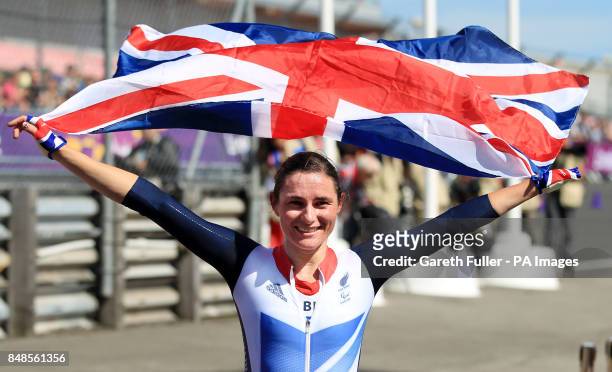 Great Britain's Sarah Storey celebrates after winning the Women's Individual C5 Time Trial at Brands Hatch, Kent.