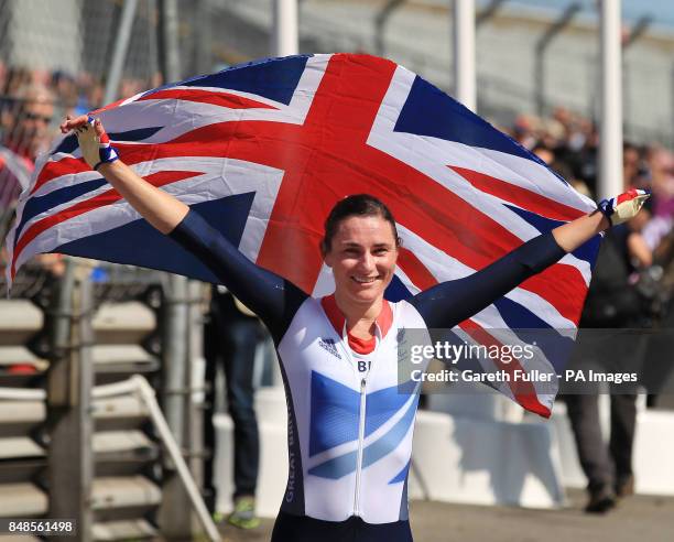 Great Britain's Sarah Storey celebrates after winning the Women's Individual C5 Time Trial at Brands Hatch, Kent.