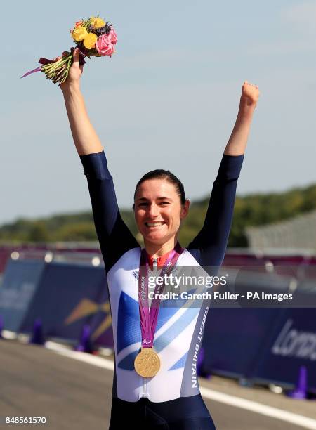 Great Britain's Sarah Storey celebrates with her Gold Medal following victory in the Women's Individual C5 Time Trial at Brands Hatch, Kent.