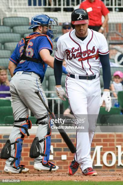 Freddie Freeman of the Atlanta Braves strikes out against the New York Mets in the sixth inning at SunTrust Park on September 17, 2017 in Atlanta,...