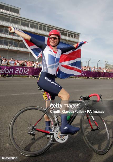 Great Britain's Sarah Storey celebrates after winning the Women's Individual C 4-5 Road Race at Brands Hatch in Kent.