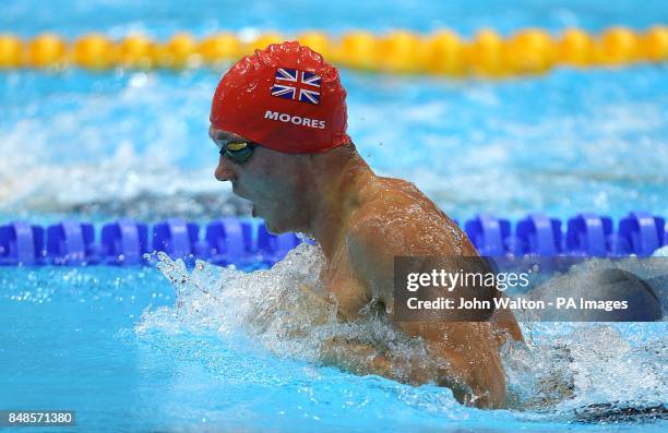 Great Britain's Aaron Moores during the Men's 100m Breaststroke - SB14 Final, during the Paralympic Games in London. PRESS ASSOCIATION Photo. Picture...