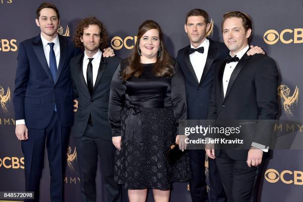 Actors Pete Davidson, Kyle Mooney, Aidy Bryant, Mikey Day and Beck Bennett attend the 69th Annual Primetime Emmy Awards at Microsoft Theater on...