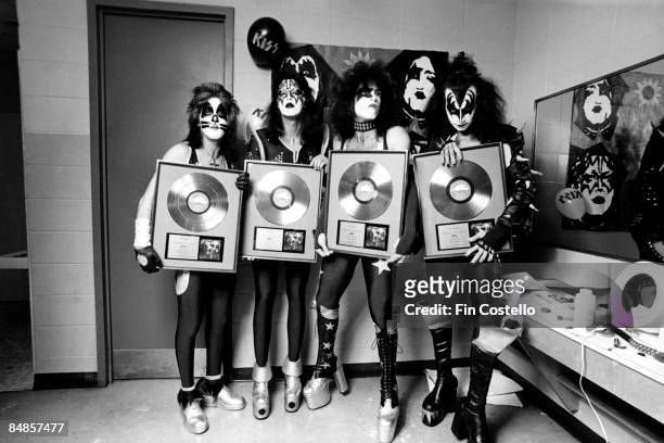Photo of Peter CRISS and Ace FREHLEY and Gene SIMMONS and KISS and Paul STANLEY, L-R: Peter Criss, Ace Frehley, Paul Stanley, Gene Simmons - posed,...
