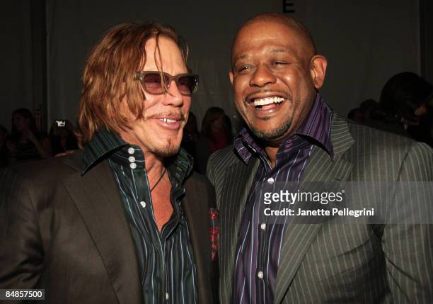 Actors Mickey Rourke and Forest Whitaker attend Domenico Vacca Fall 2009 during Mercedes-Benz Fashion Week at The Salon in Bryant Park on February...