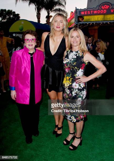 Billie Jean King, Maria Sharapova and Elisabeth Shue attend the premiere of Fox Searchlight Picture 'Battle Of The Sexes' at Regency Village Theatre...